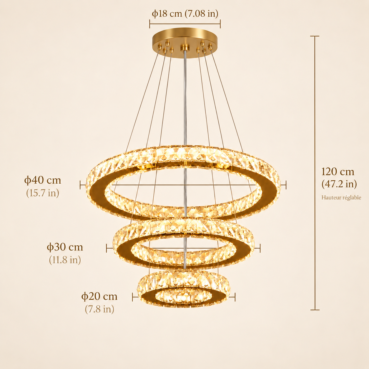 Soléa – Lustre cristal 3 anneaux